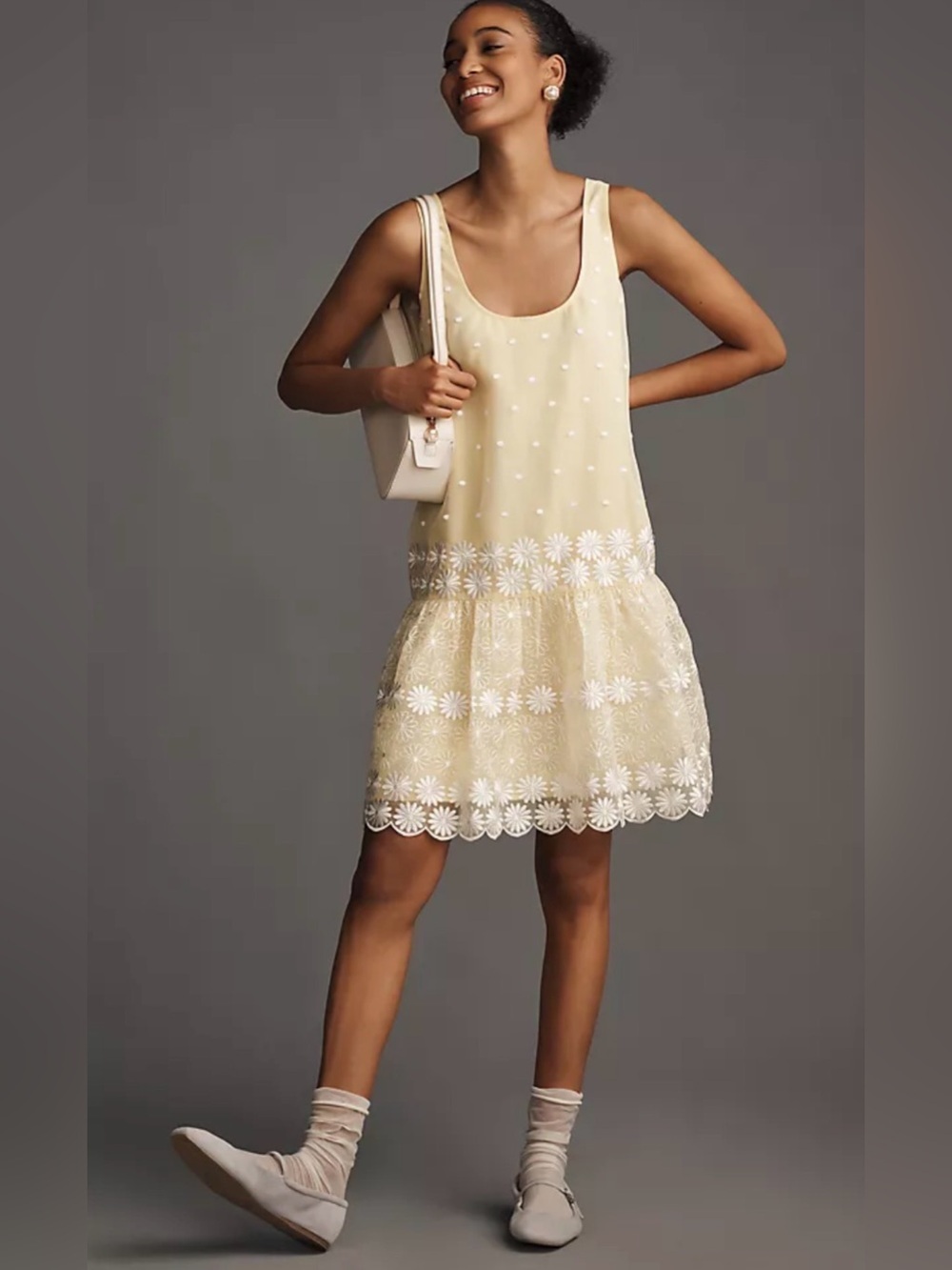 Anthropologie Soft Yellow Daisy-Embroidered Mini Dress